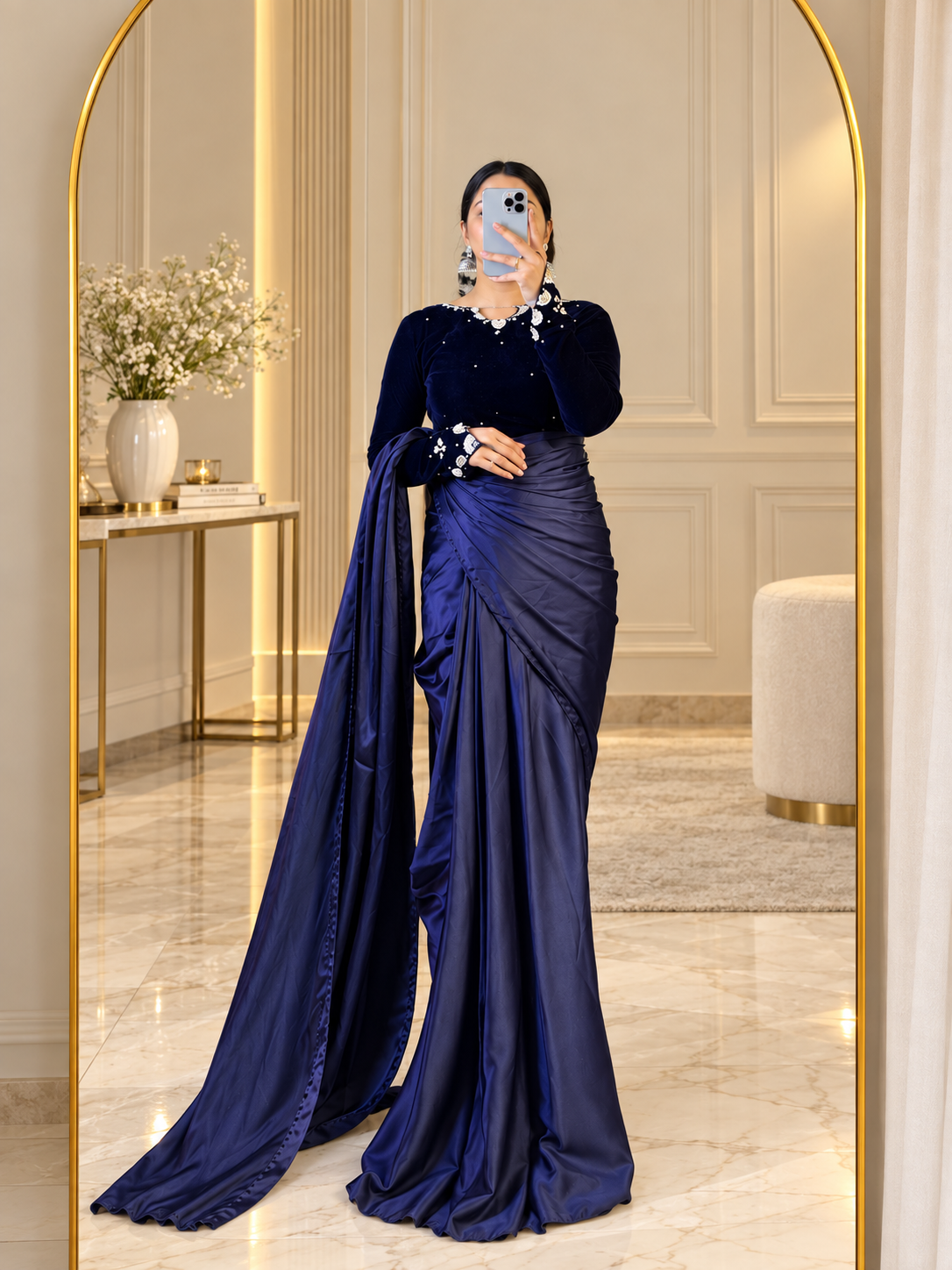 Inaya - Ready-to-Wear Silk Saree with Velvet Blouse in Emerald Blue by SEHZA