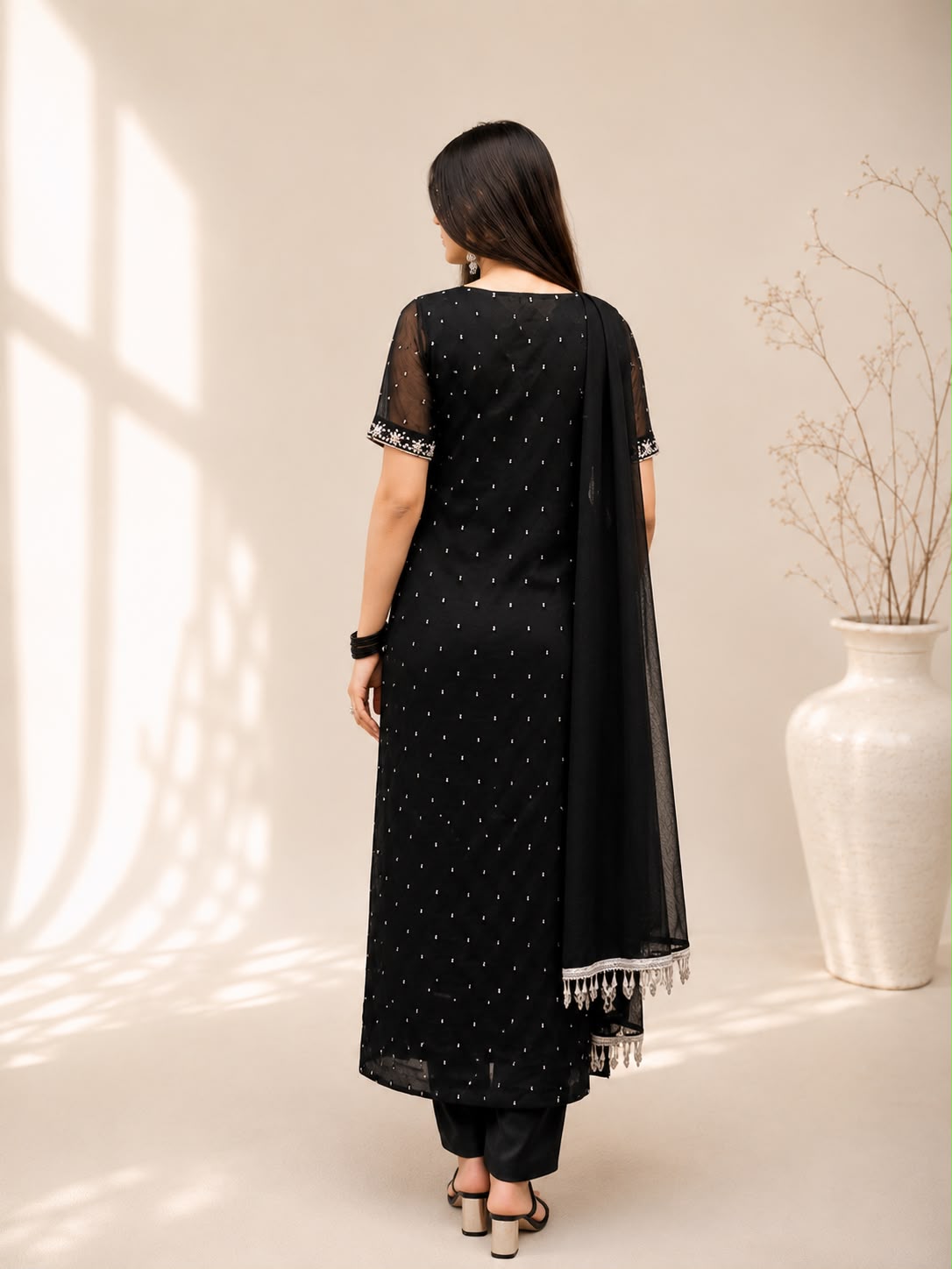 Celeste Black - Chiffon Hand Work Three Piece Long Shirt in Black