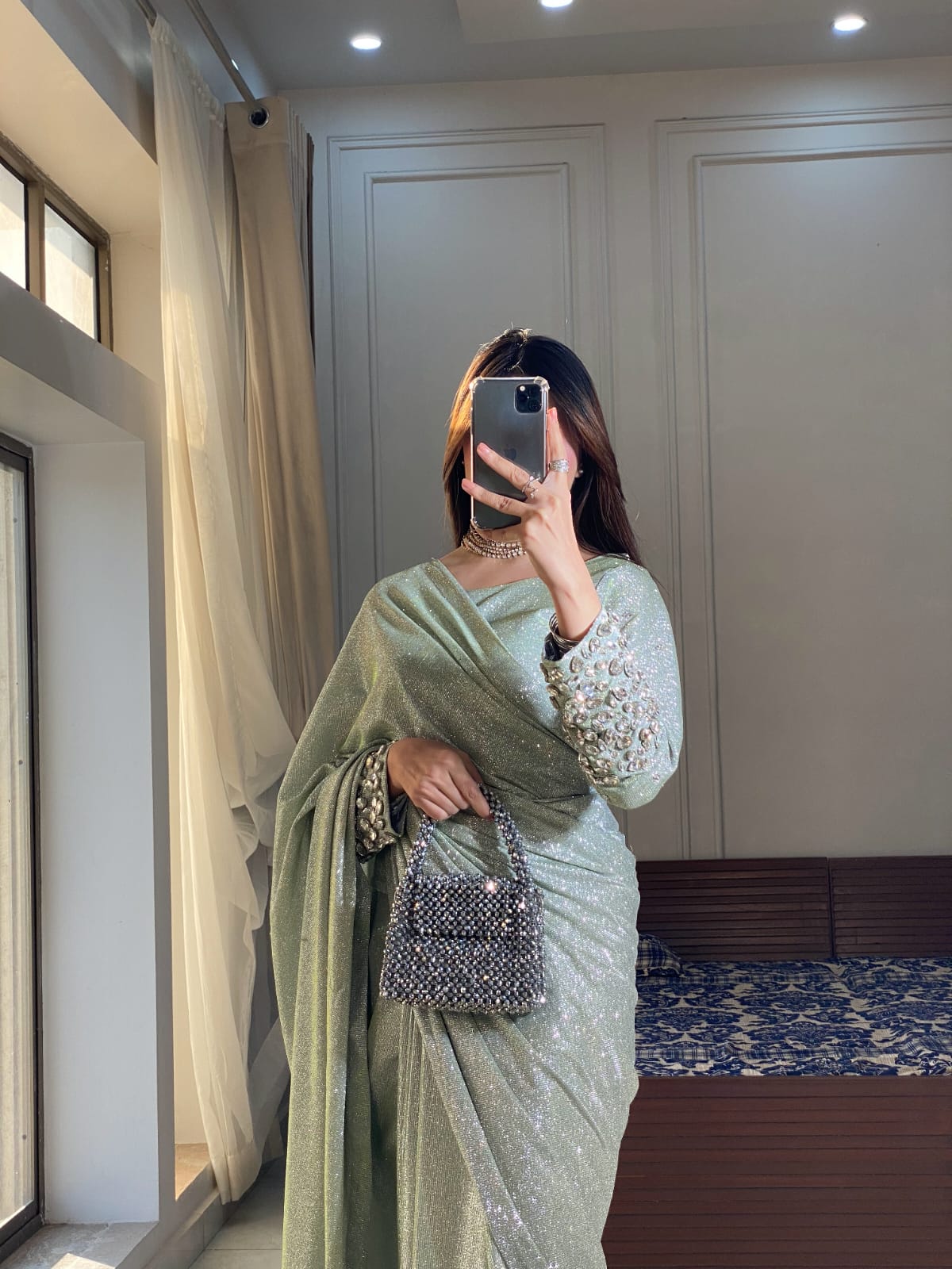 Liana - Ready-to-Wear Shimmer Saree with Embellished Blouse in Mint Green by SEHZA