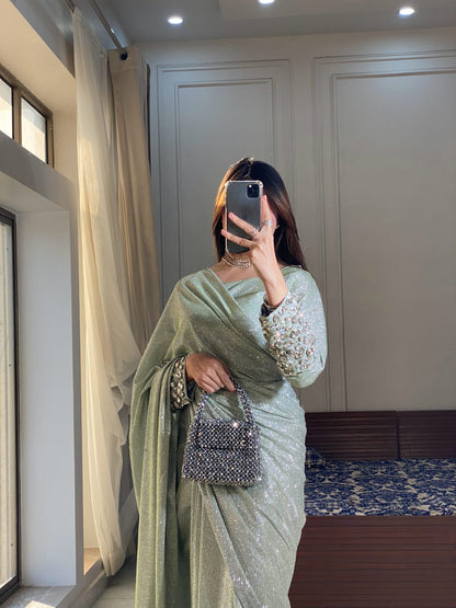 Liana - Ready-to-Wear Shimmer Saree with Embellished Blouse in Mint Green by SEHZA