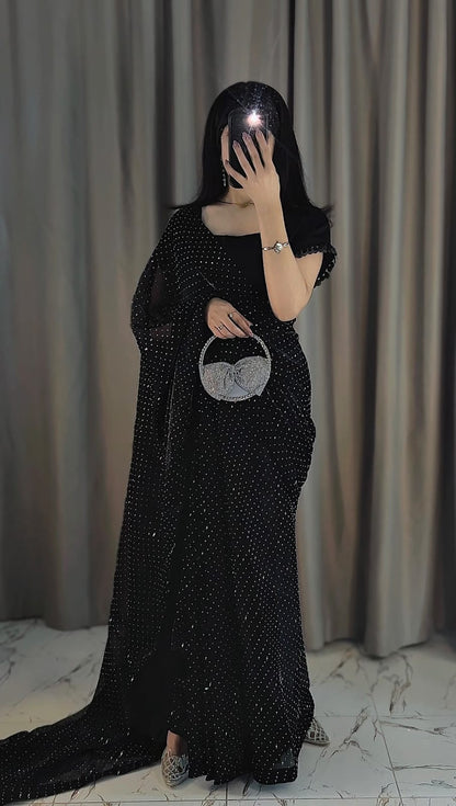 Midnight Glam - Stone-Studded Ready-to-Wear Silk Saree in Black by SEHZA