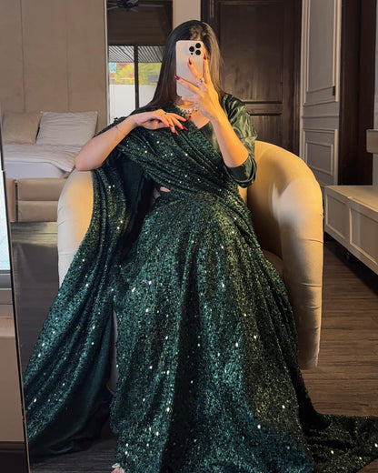 Zarlish - Sequined Ready-to-Wear Saree in Green by SEHZA