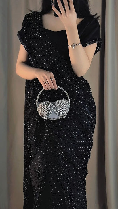 Midnight Glam - Stone-Studded Ready-to-Wear Silk Saree in Black by SEHZA