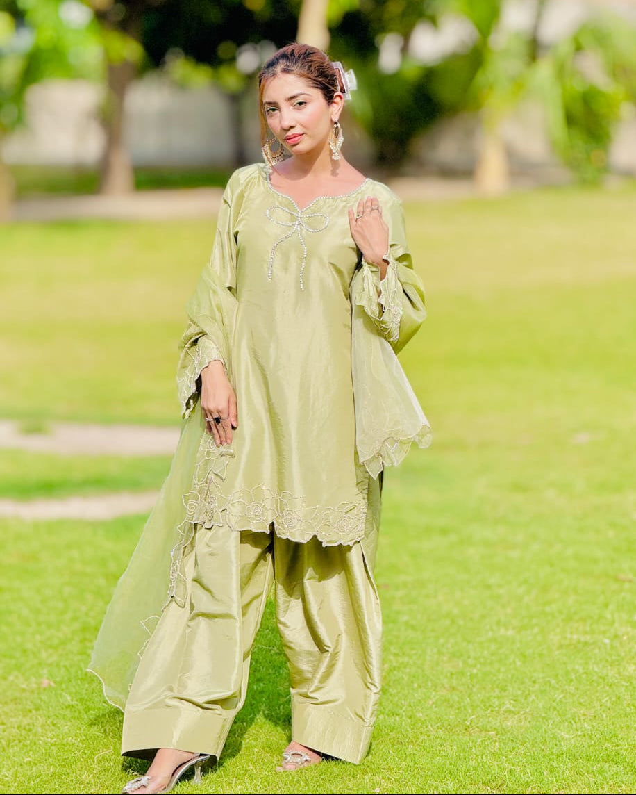 Sage Bloom - Embroidered Kataan Silk 3-Piece Suit in Sage Green by SEHZA