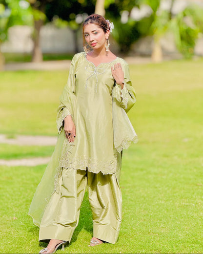 Sage Bloom - Embroidered Kataan Silk 3-Piece Suit in Sage Green by SEHZA