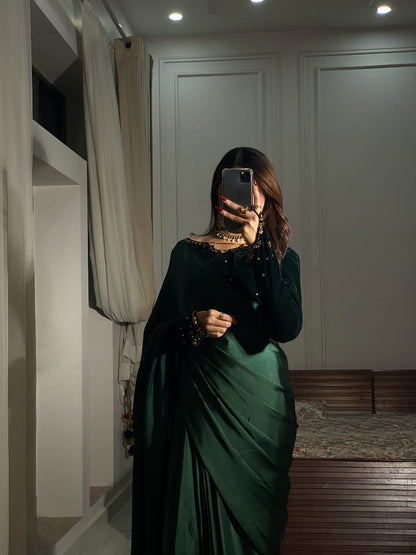 Inaya - Ready-to-Wear Silk Saree with Velvet Blouse in Emerald Green by SEHZA