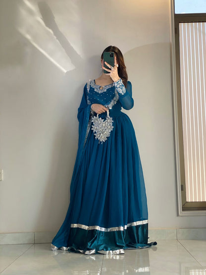 Zoya - Embroidered Chiffon Anarkali Set with Potli Bag in Teal Blue by SEHZA
