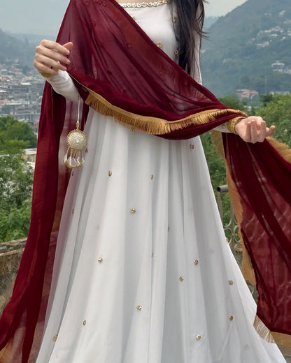 Golden Hour - Georgette Chiffon Anarkali in White & Maroon by SEHZA
