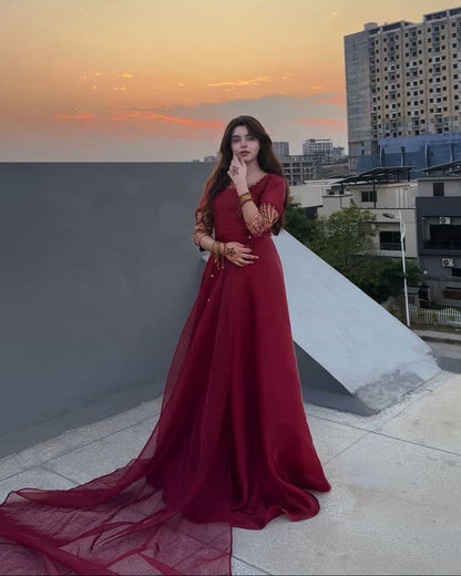 Red Rose - Zardozi Embroidered Silk Anarkali in Maroon by SEHZA