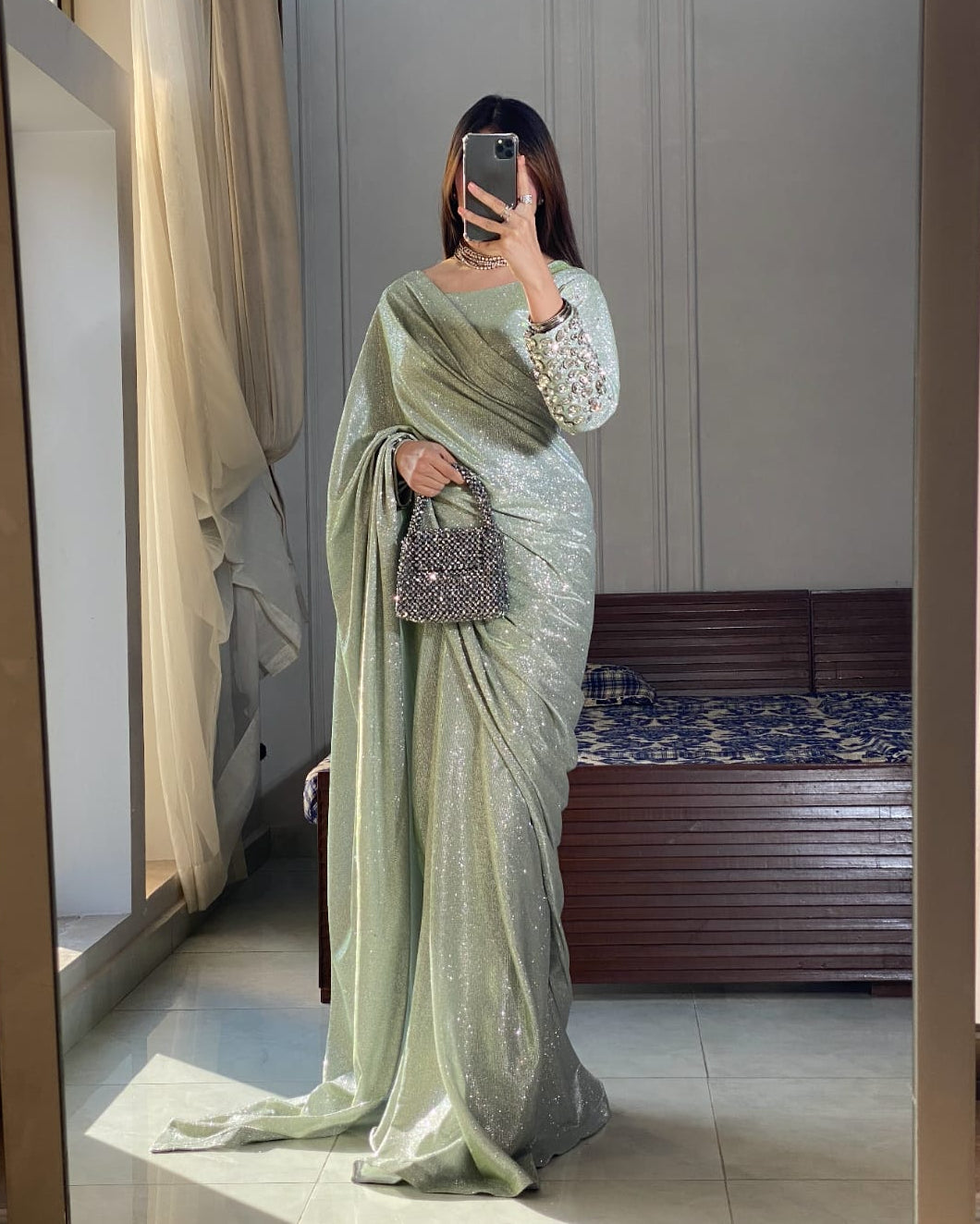 Liana - Ready-to-Wear Shimmer Saree with Embellished Blouse in Mint Green by SEHZA