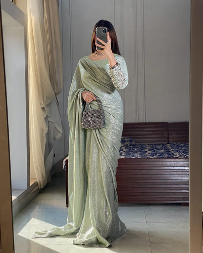 Liana - Ready-to-Wear Shimmer Saree with Embellished Blouse in Mint Green by SEHZA