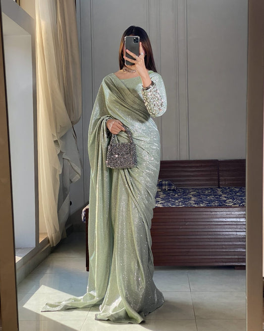 Liana - Ready-to-Wear Shimmer Saree with Embellished Blouse in Mint Green by SEHZA