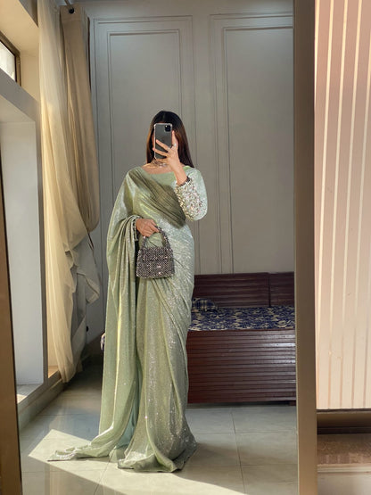 Liana - Ready-to-Wear Shimmer Saree with Embellished Blouse in Mint Green by SEHZA