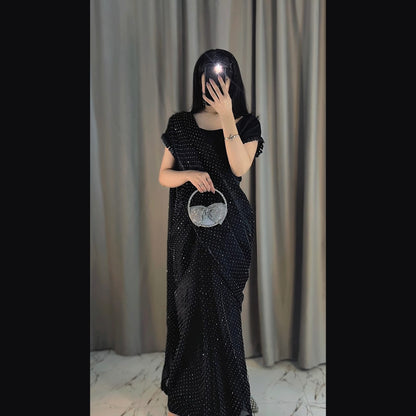 Midnight Glam - Stone-Studded Ready-to-Wear Silk Saree in Black by SEHZA