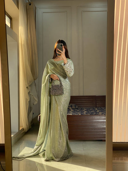 Liana - Ready-to-Wear Shimmer Saree with Embellished Blouse in Mint Green by SEHZA