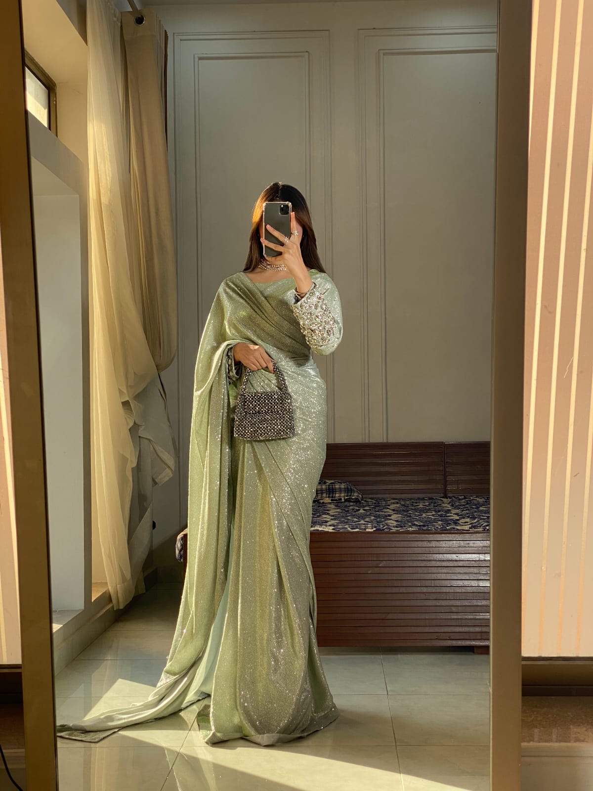 Liana - Ready-to-Wear Shimmer Saree with Embellished Blouse in Mint Green by SEHZA