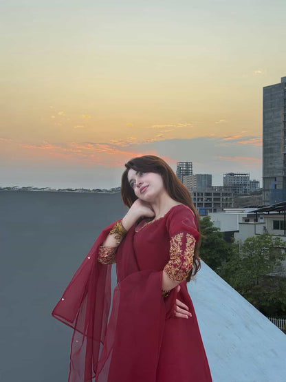 Red Rose - Zardozi Embroidered Silk Anarkali in Maroon by SEHZA