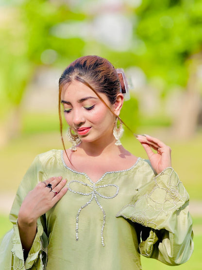 Sage Bloom - Embroidered Kataan Silk 3-Piece Suit in Sage Green by SEHZA