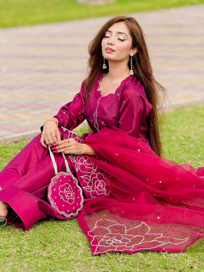 Rosa Crimson - White Embroidered Kataan Silk 4-Piece Suit by SEHZA