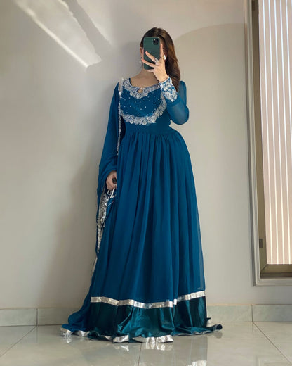 Zoya - Embroidered Chiffon Anarkali Set with Potli Bag in Teal Blue by SEHZA
