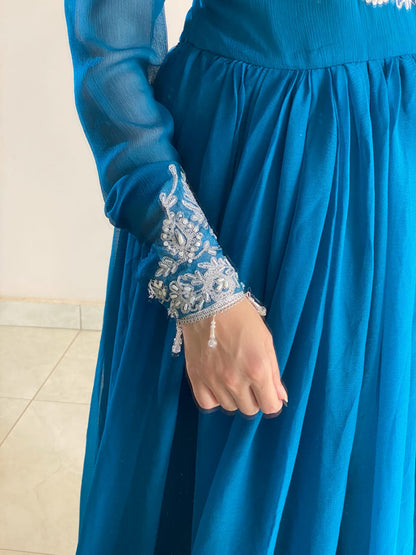 Zoya - Embroidered Chiffon Anarkali Set with Potli Bag in Teal Blue by SEHZA
