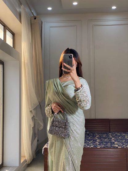 Liana - Ready-to-Wear Shimmer Saree with Embellished Blouse in Mint Green by SEHZA