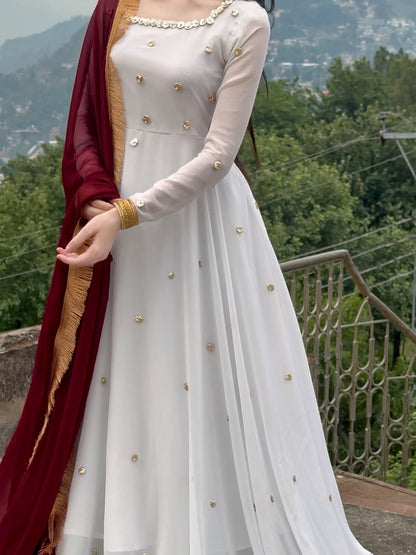 Golden Hour - Georgette Chiffon Anarkali in White & Maroon by SEHZA