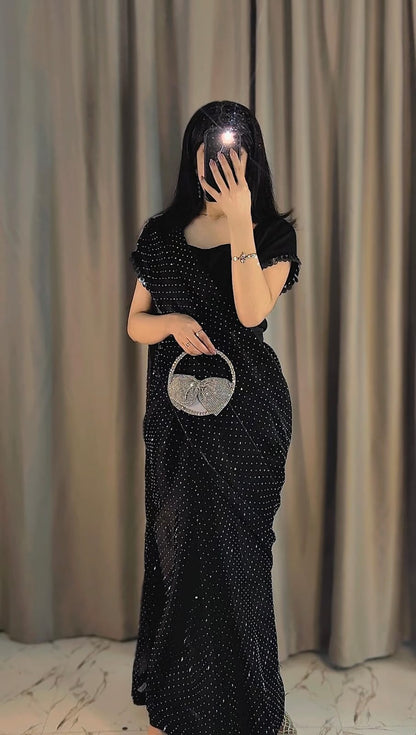 Midnight Glam - Stone-Studded Ready-to-Wear Silk Saree in Black by SEHZA