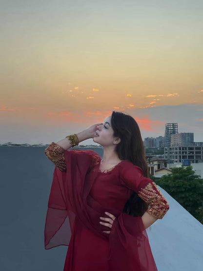 Red Rose - Zardozi Embroidered Silk Anarkali in Maroon by SEHZA