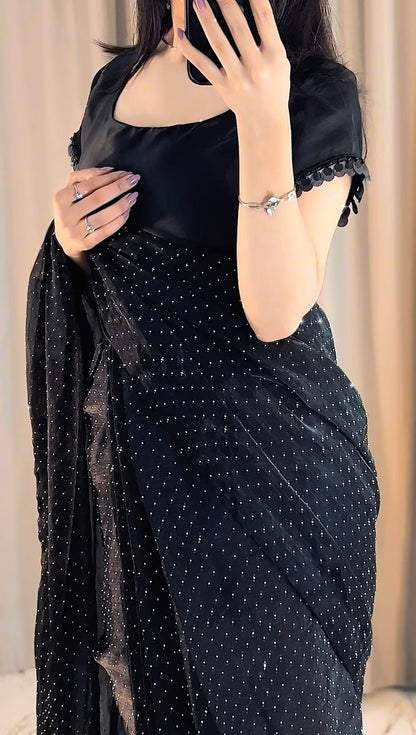 Midnight Glam - Stone-Studded Ready-to-Wear Silk Saree in Black by SEHZA