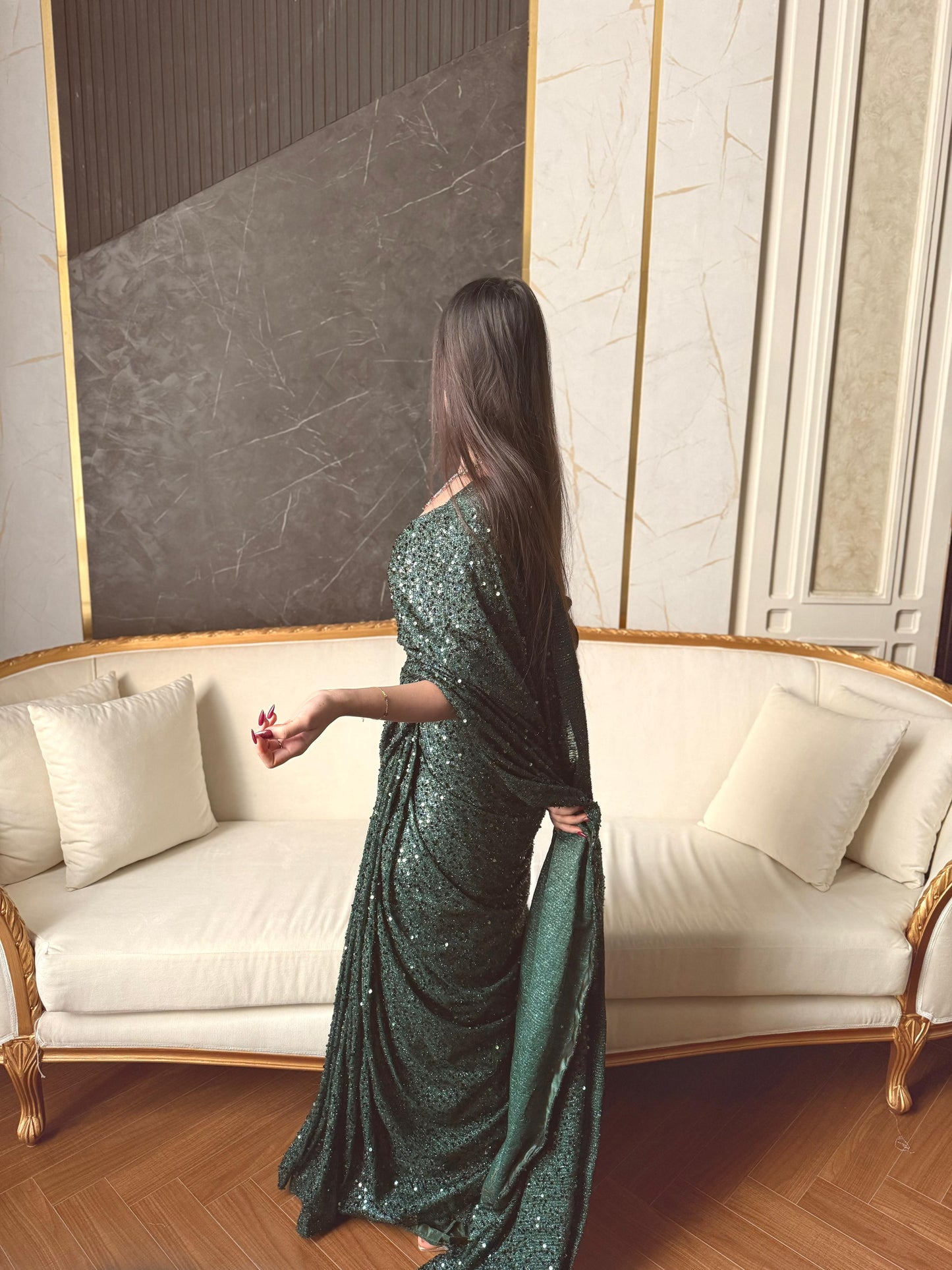Zarlish - Sequined Ready-to-Wear Saree in Green by SEHZA