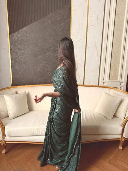 Zarlish - Sequined Ready-to-Wear Saree in Green by SEHZA