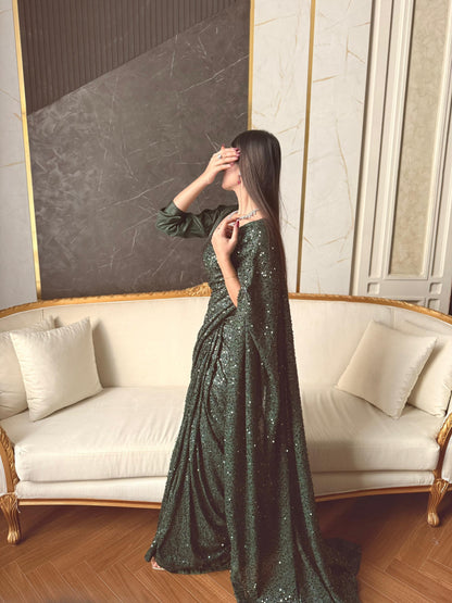Zarlish - Sequined Ready-to-Wear Saree in Green by SEHZA