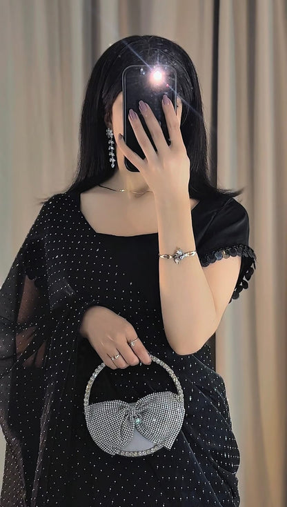 Midnight Glam - Stone-Studded Ready-to-Wear Silk Saree in Black by SEHZA