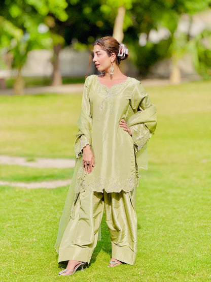 Sage Bloom - Embroidered Kataan Silk 3-Piece Suit in Sage Green by SEHZA