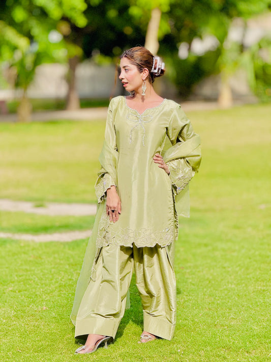 Sage Bloom - Embroidered Kataan Silk 3-Piece Suit in Sage Green by SEHZA