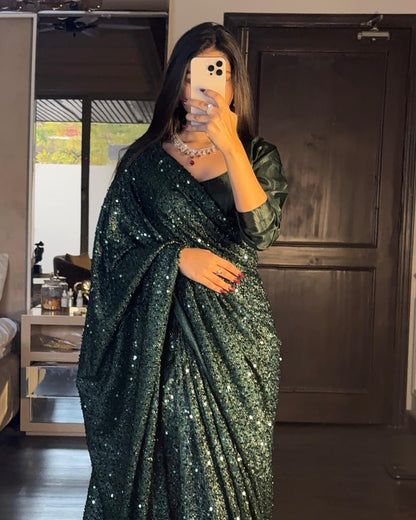 Zarlish - Sequined Ready-to-Wear Saree in Green by SEHZA