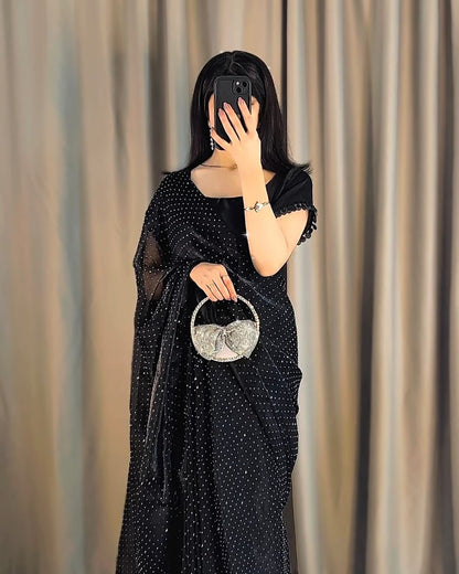 Midnight Glam - Stone-Studded Ready-to-Wear Silk Saree in Black by SEHZA