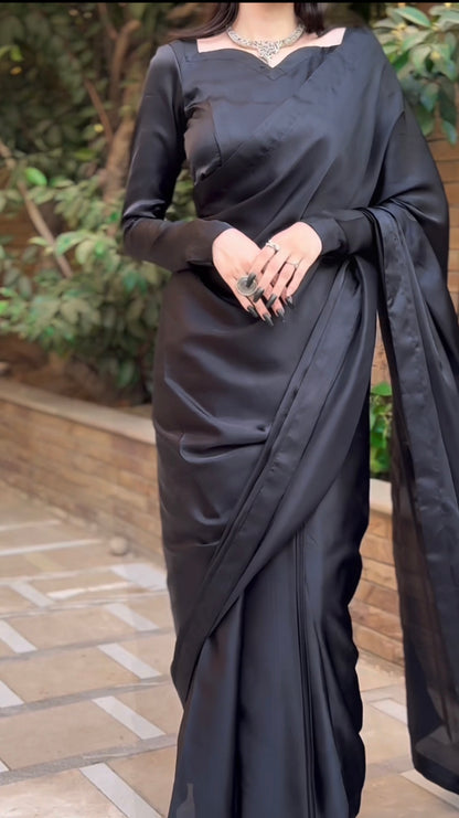 Aayat - Elegant Ready-to-Wear Satin | Silk Saree in Black by SEHZA