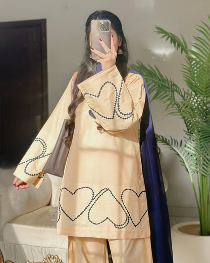 Sehza Beige Cotton Lawn Heart-Embroidered Co-ord Set with Navy Chiffon Dupatta