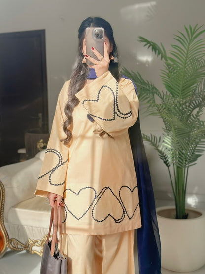 Sehza Beige Cotton Lawn Heart-Embroidered Co-ord Set with Navy Chiffon Dupatta