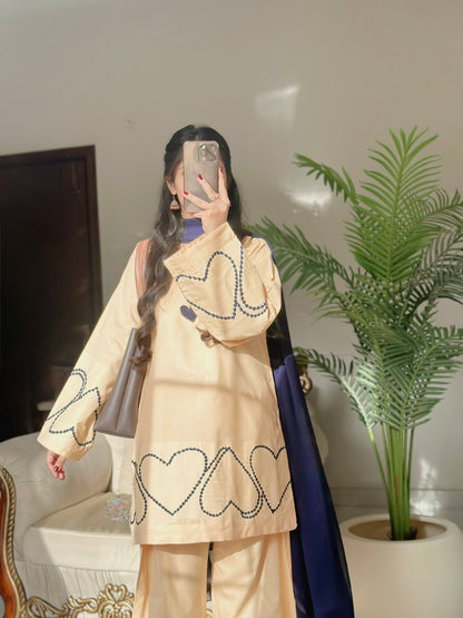 Sehza Beige Cotton Lawn Heart-Embroidered Co-ord Set with Navy Chiffon Dupatta