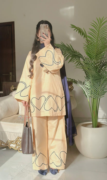 Sehza Beige Cotton Lawn Heart-Embroidered Co-ord Set with Navy Chiffon Dupatta