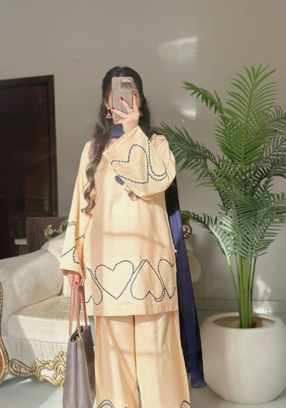 Sehza Beige Cotton Lawn Heart-Embroidered Co-ord Set with Navy Chiffon Dupatta