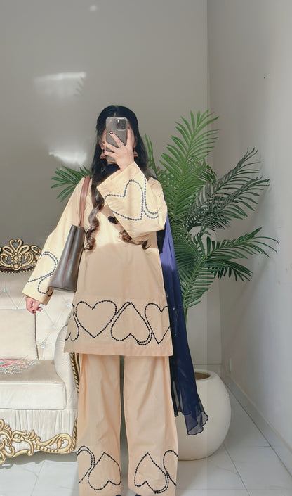 Sehza Beige Cotton Lawn Heart-Embroidered Co-ord Set with Navy Chiffon Dupatta