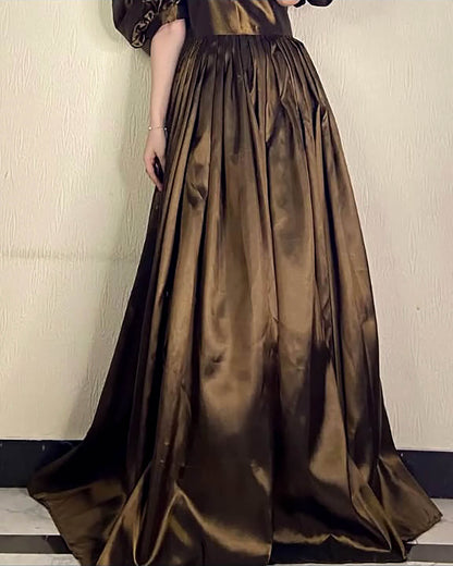 Sehza Copper Kataan Silk Puffy Sleeve Dress Front View