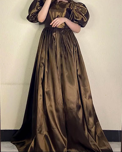 Sehza Copper Kataan Silk Puffy Sleeve Dress Front View