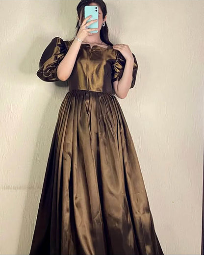 Sehza Copper Kataan Silk Puffy Sleeve Dress Front View