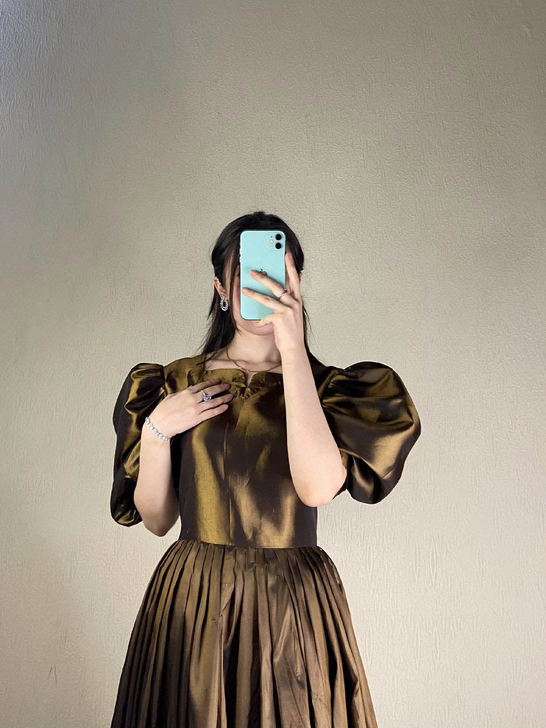 Sehza Copper Kataan Silk Puffy Sleeve Dress Front View