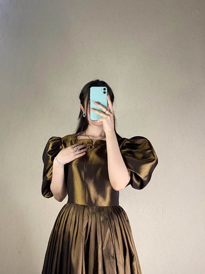 Sehza Copper Kataan Silk Puffy Sleeve Dress Front View